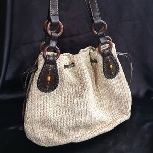 Fossil Jute/Leather/ Wood Woven Shoulder Bag EUC